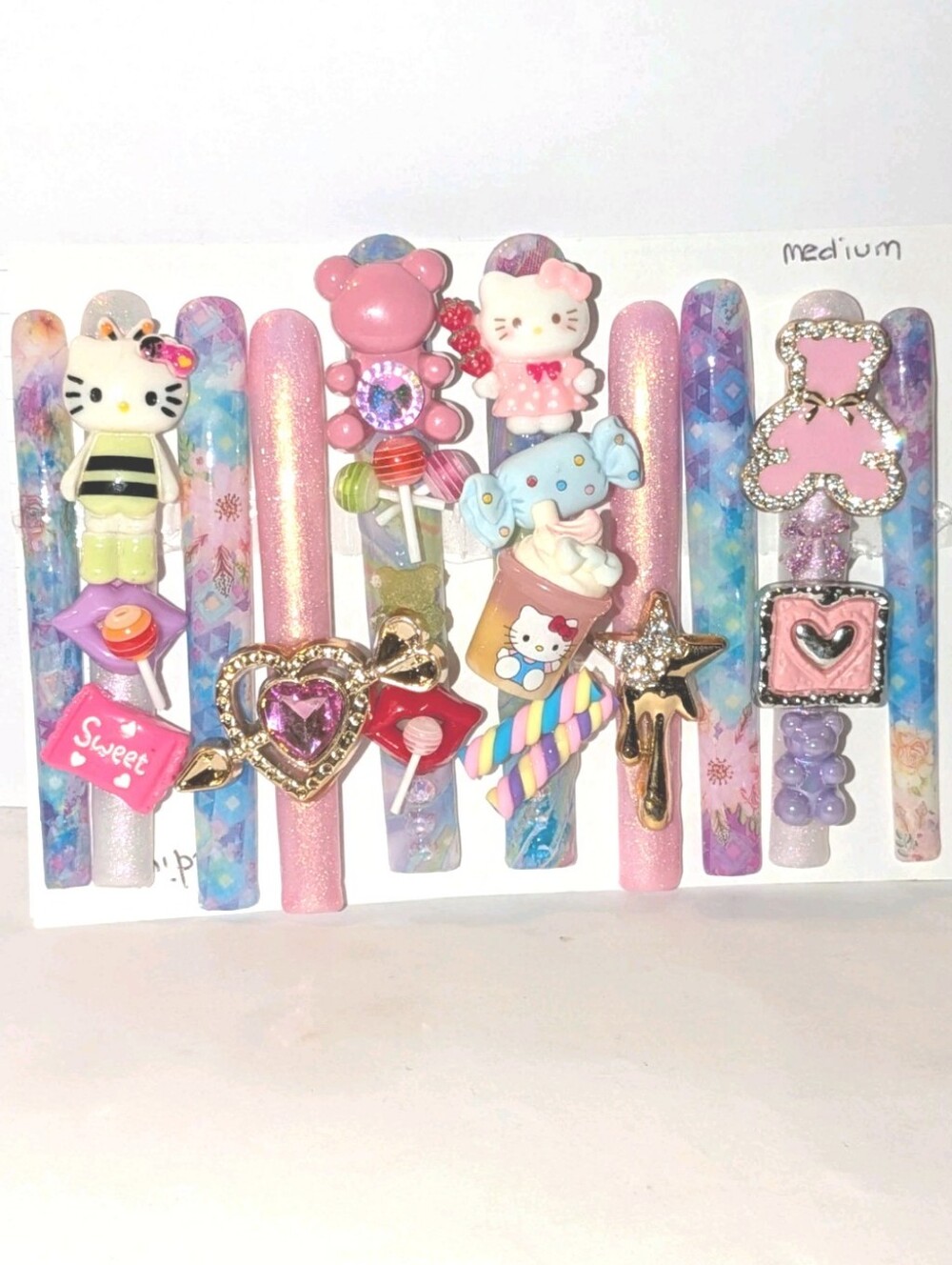 Hand Crafted 6Xl Hello Kitty Inspo Pink Multicolor Press-On Nails with 3D Charms